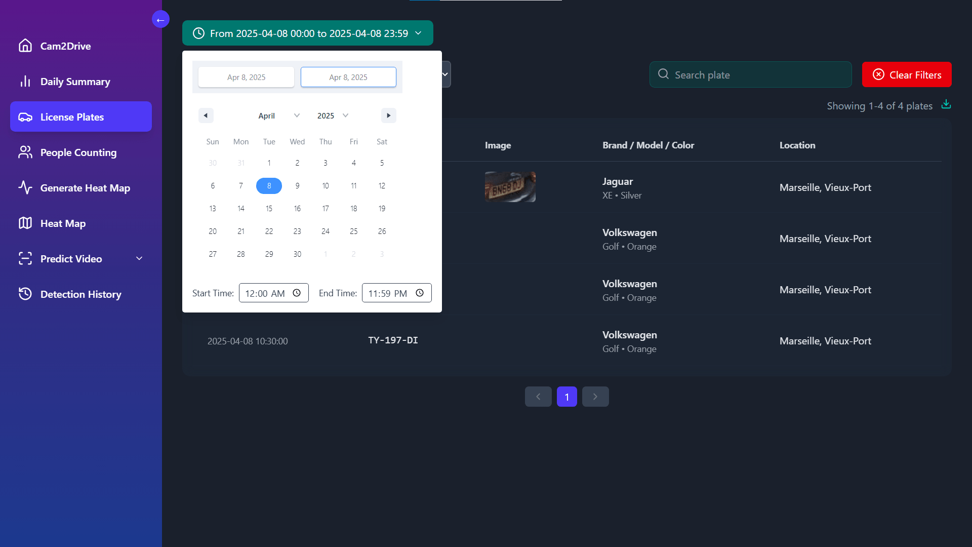 Cam2Drive license plate review dashboard with its date filter open and detected vehicle results