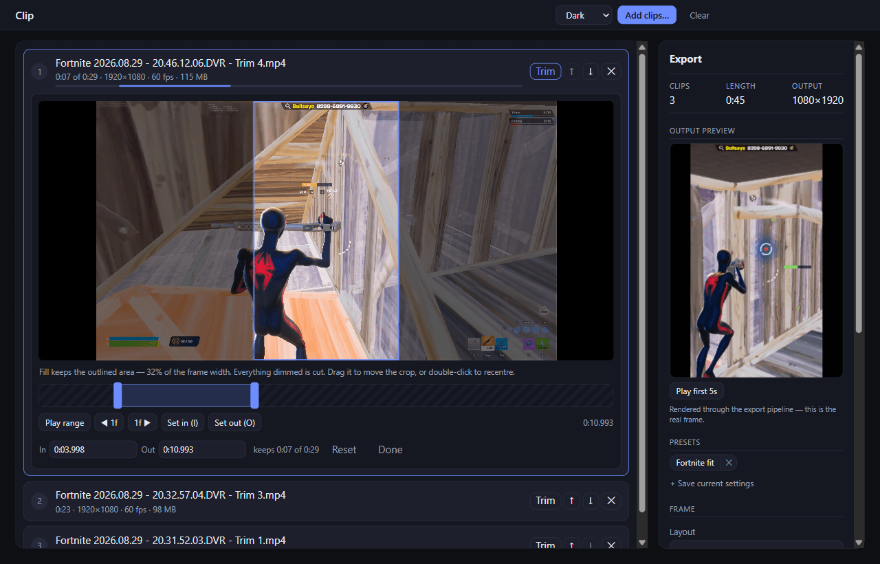 Clip's video crop editor with trim handles and a vertical export preview