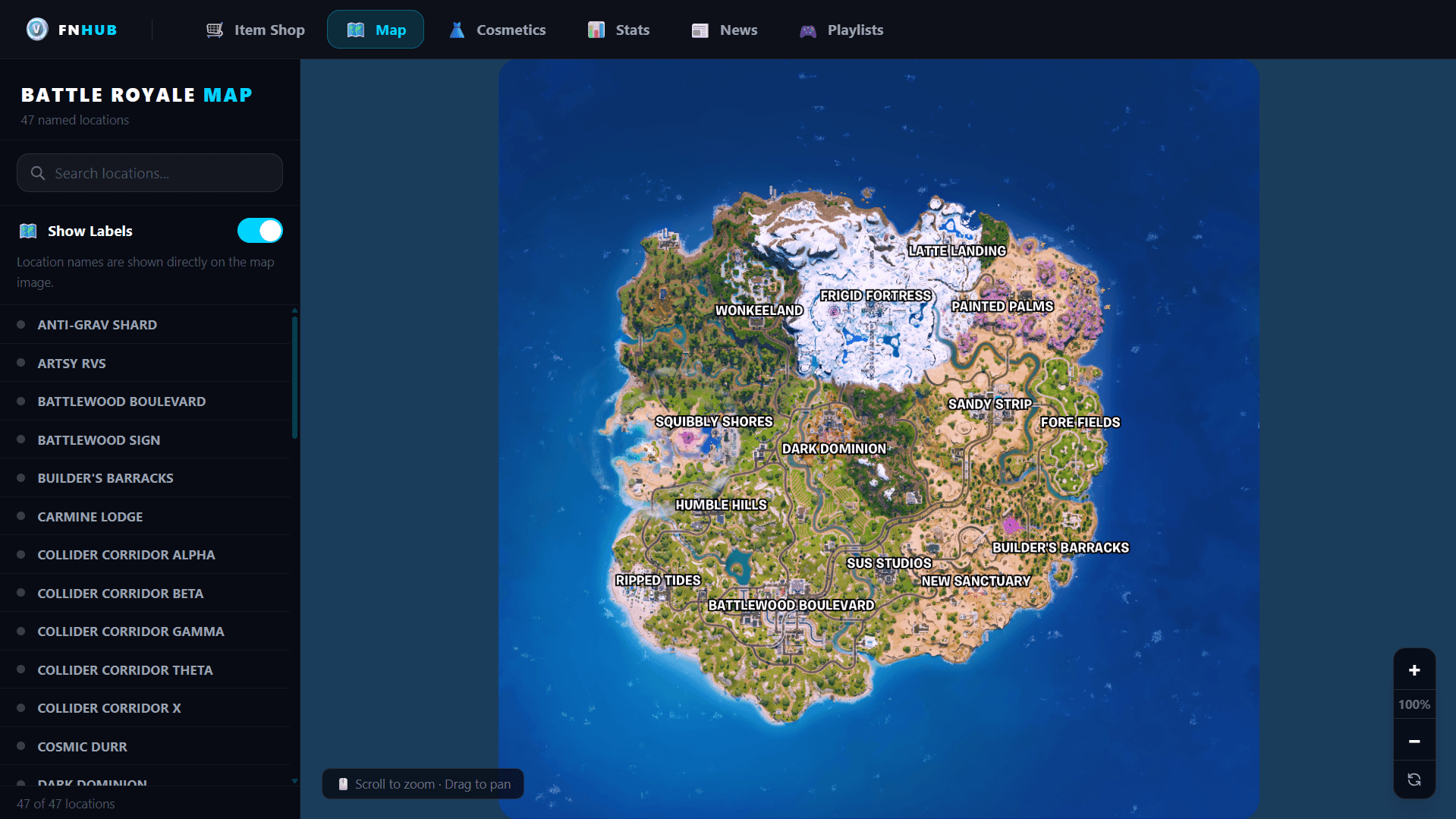 FNHub companion web app displaying its interactive Fortnite map