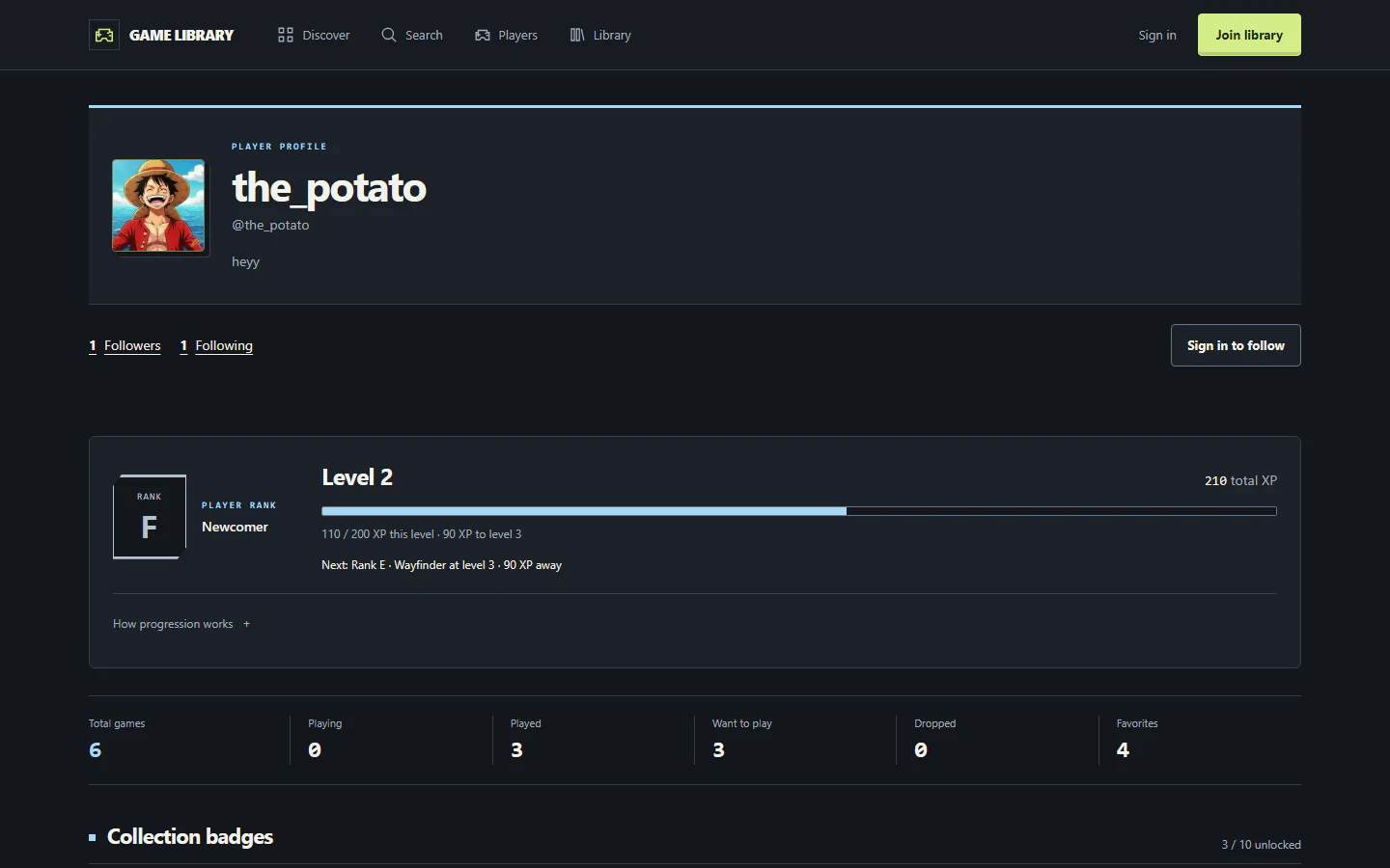 Game Library public player profile showing collection progression and social information
