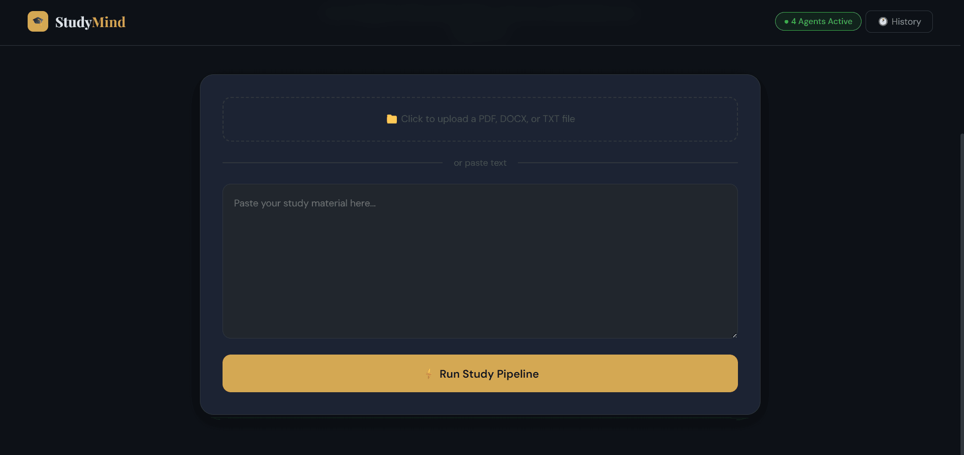 StudyMind document upload screen for its four-agent study workflow